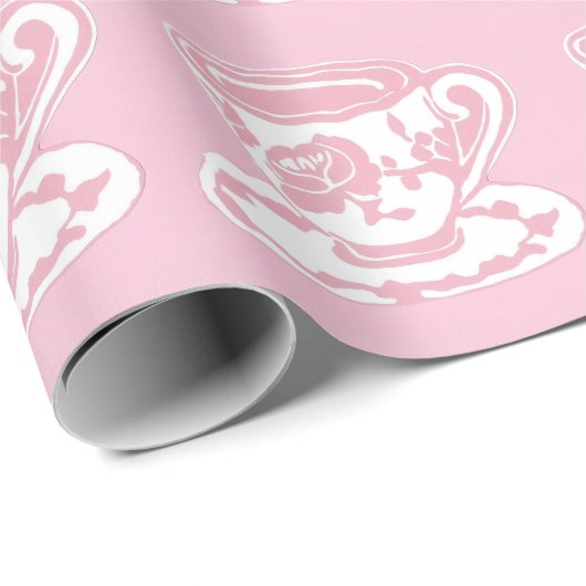 Rose Teacup Muster Rosa und Weißes Wrapping Paper Geschenkpapier (Rolleneckpunkt)