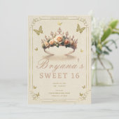 Rose Tiara & Gold Schmetterlinge Süß 16 Einladung (Stehend Vorderseite)
