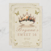 Rose Tiara & Gold Schmetterlinge Süß 16 Einladung (Vorne/Hinten)