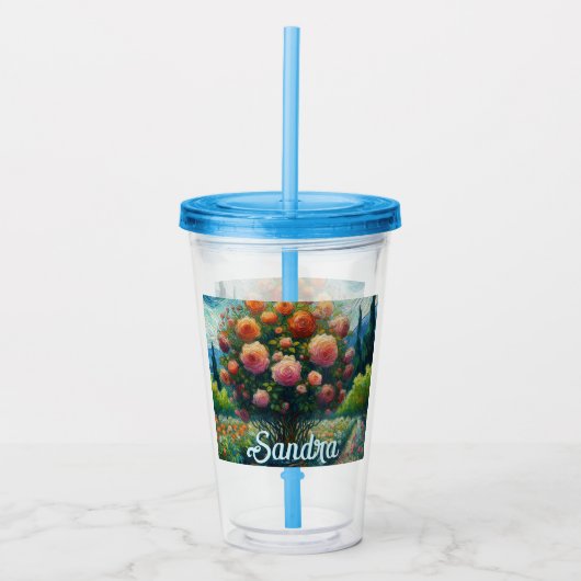 Rose Topiary Van Gogh Style Rose Blumenrosa Acryltrinkbecher (Vorderseite)