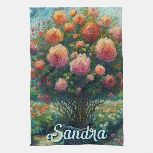 Rose Topiary Van Gogh Style Rose Blumenrosa Geschirrtuch (Vertikal)