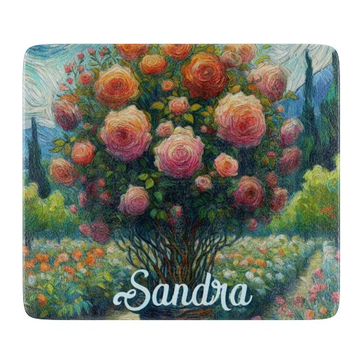 Rose Topiary Van Gogh Style Rose Blumenrosa Schneidebrett (Vorderseite)