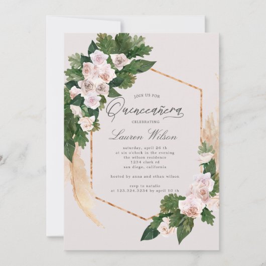 Rose Tropenblüte Quinceanera Einladung (Vorderseite)