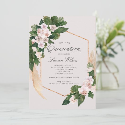 Rose Tropenblüte Quinceanera Einladung (Stehend Vorderseite)