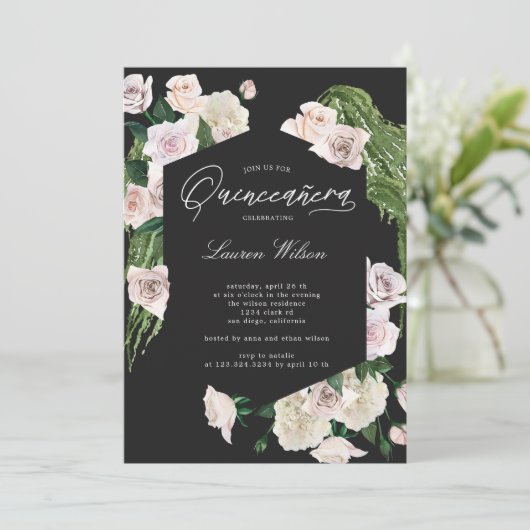 Rose Tropenblüte Quinceanera Einladung (Stehend Vorderseite)