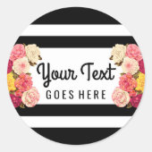 Rose über moderne Schwarz-Weiß Streifen Chic Flori Runder Aufkleber (Vorderseite)