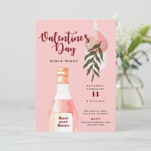Rosé über Rose Valentinstag Party Einladung (Stehend Vorderseite)
