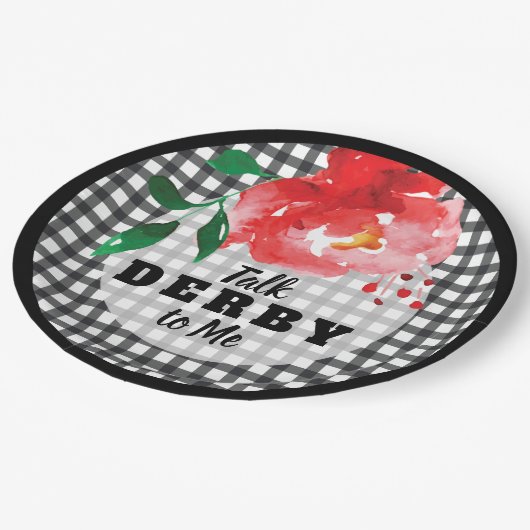 Rose über Schwarz-Weiß-Talk Derby Pappteller (Schrägansicht)