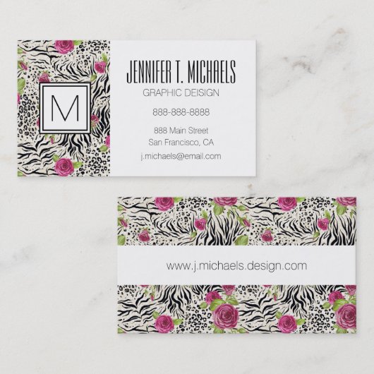 Rose über Tiermuster Visitenkarte (Vorne/Hinten)