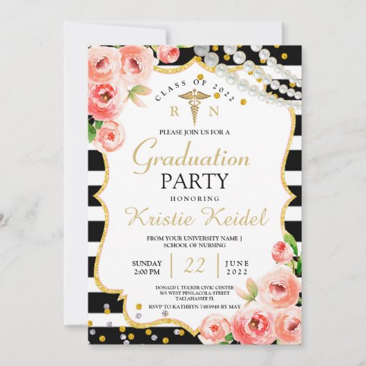 Rose und Abschluss der Perl Nursing School Einladu Einladung (Vorderseite)