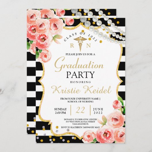 Rose und Abschluss der Perl Nursing School Einladu Einladung (Vorne/Hinten)