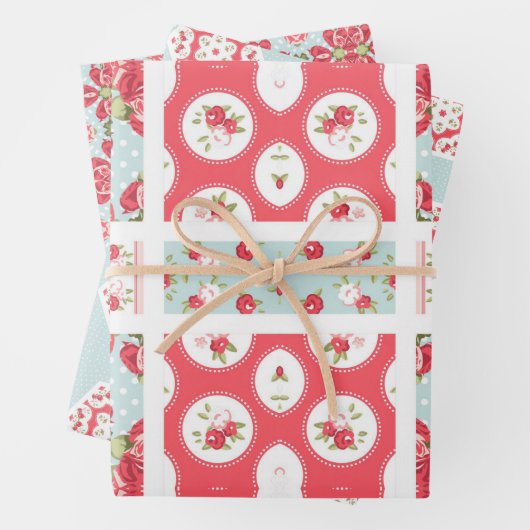 Rose und Aqua-Flickwerk Design Geschenkverpackung Geschenkpapier Set (Beispiel)