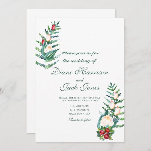 Rose und Berry Watercolor Stems Einladung (Vorne/Hinten)