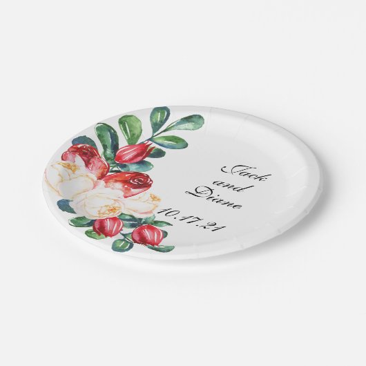 Rose und Berry Watercolor Stems Pappteller (Schrägansicht)