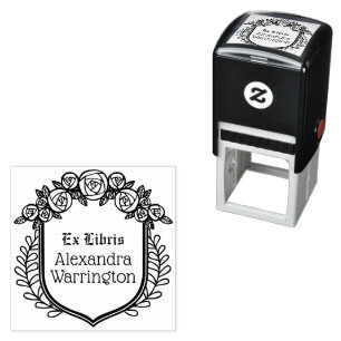 Rose und Blätter Wappen Ex Libris Bibliotheksname Permastempel