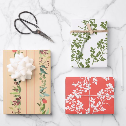Rose und Border Stripe Assorpping Geschenkpapier Set (Vorderseite)