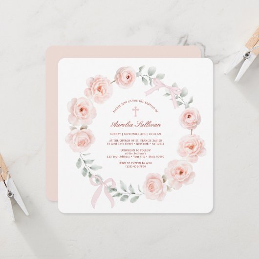 Rose und Bows Wreath Baptisse Einladung (Vorderseite/Rückseite Beispiel)