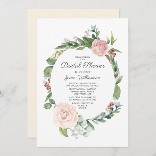 Rose und Brautparty des Blumenkranzes Einladung (Vorne/Hinten)