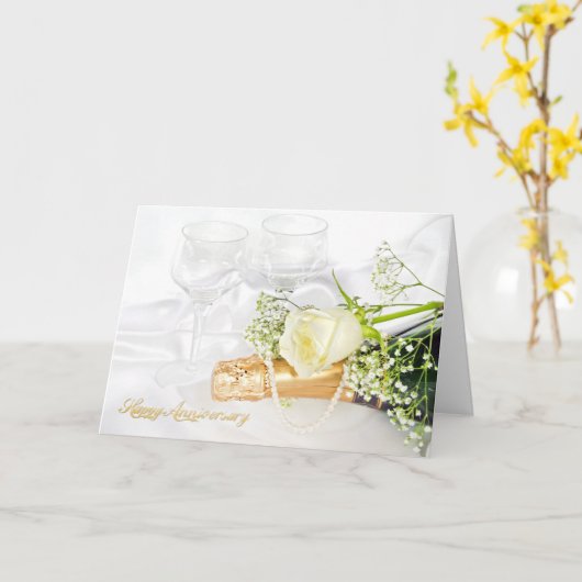 Rose und Champagner mit Perlen zum Jubiläum Karte (Gelbe Blume)