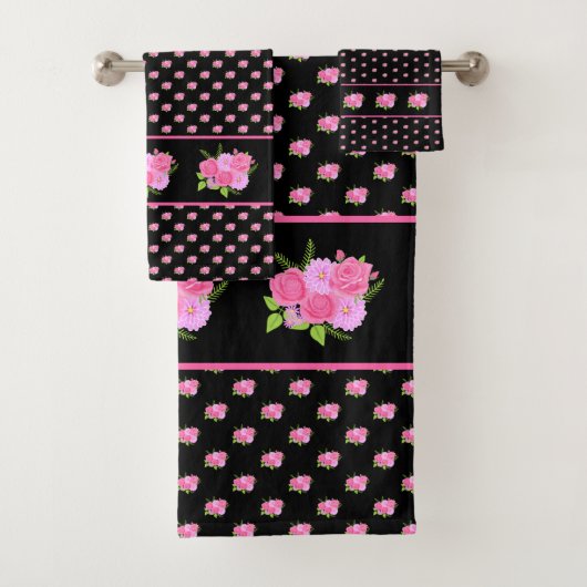 Rose und Dahlias Black Badhandtuch Set (Insitu)