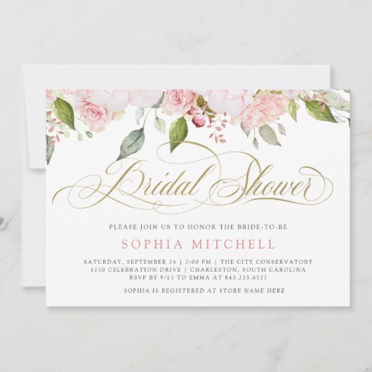 Rose und elegantes Gold-Script | BRAUTPARTY Einladung (Vorderseite)