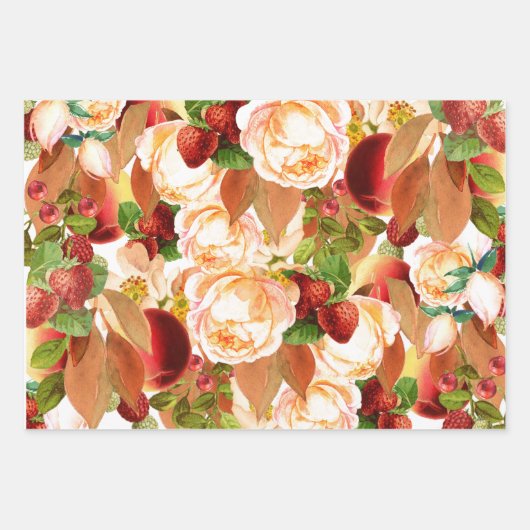 Rose und Erdbeeren Geschenkpapier Set (Vorderseite)