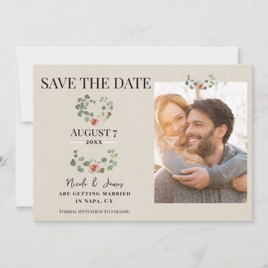 Rose und Eukalyptus Herz Rustikal Save the Date Einladung (Vorderseite)