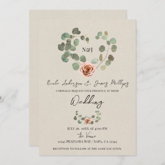 Rose und Eukalyptus Herz Rustikale Hochzeit Einladung (Vorne/Hinten)