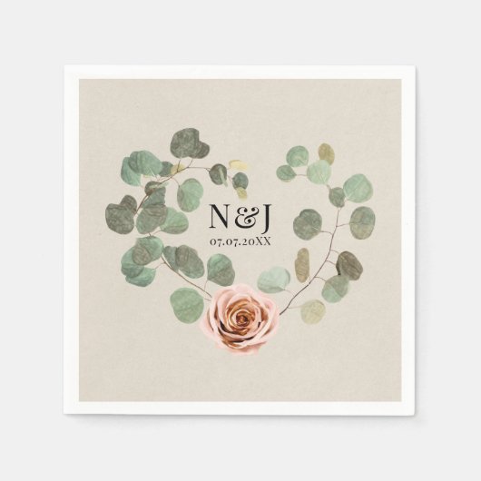 Rose und Eukalyptus Herz Rustikale Hochzeit Serviette (Vorderseite)