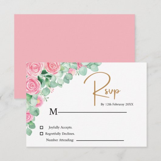Rose und Eukalyptus Wedding RSVP Card Karte (Vorne/Hinten)