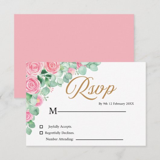 Rose und Eukalyptus Wedding RSVP Karte (Vorne/Hinten)