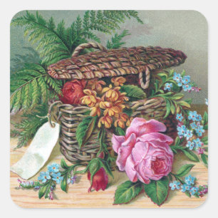 Rose und Ferns in Basket Vintag Viktorianisch Quadratischer Aufkleber