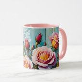 Rose und gestrichenes blaues, gestörtes Holz Tasse (VorderseiteRechts)
