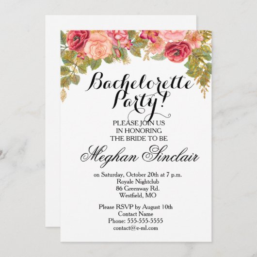 Rose und Glitzer Junggeselinnen-Abschied Einladung (Vorne/Hinten)