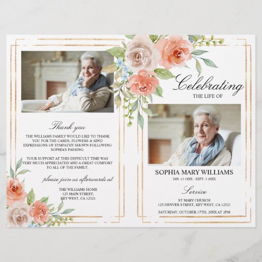 Rose- und Gold-Beerdigungsprogramm | Dienstplan (Vorderseite)