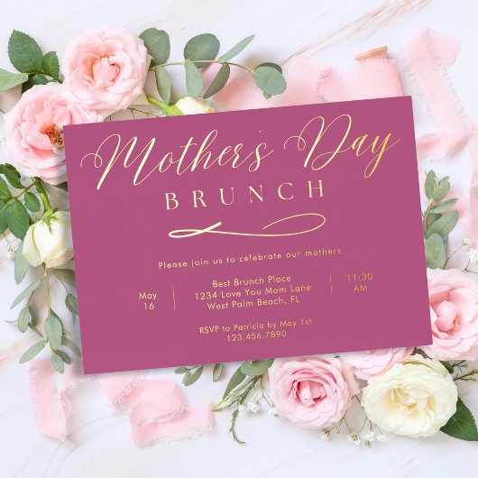 Rose und Gold Einfache Script-Muttertag Brunch Folieneinladung