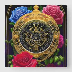 Rose und Goldene Filigree Quadratische Wanduhr