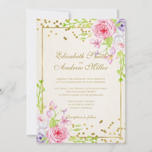 Rose und Goldkonfetti-Hochzeit Einladung (Vorderseite)