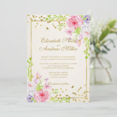 Rose und Goldkonfetti-Hochzeit Einladung (Stehend Vorderseite)