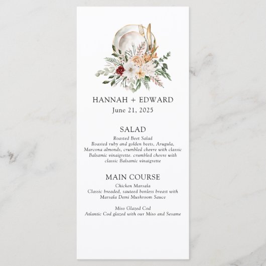 Rose und Grünanlagen Einfache Hochzeit Menükarte (Vorderseite)