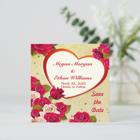 Rose und Herzrahmen Save the Date flache Karte (Stehend Vorderseite)