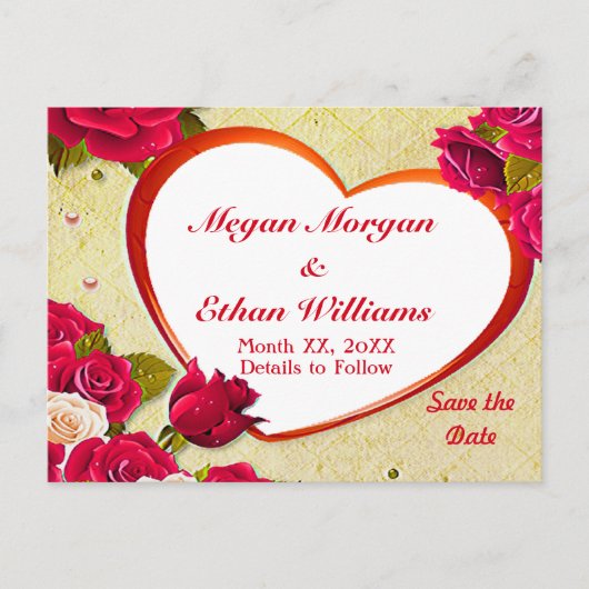 Rose und Herzrahmen Save the Date Postkarte (Vorderseite)