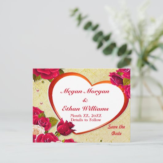 Rose und Herzrahmen Save the Date Postkarte (Stehend Vorderseite)