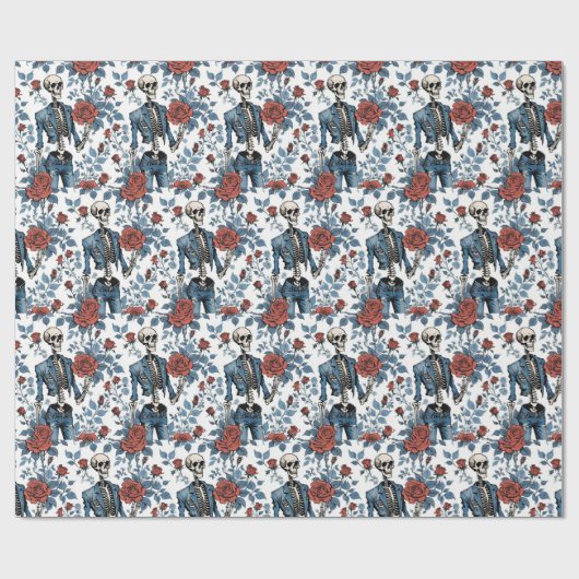 Rose und Knochen, Skelette und Rote Rosen Geschenkpapier (Flach)