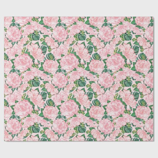 Rose und Monstera Blätter Bläserne Geschenkpapier (Flach)