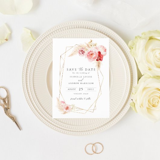 Rose und Pampas Grass Gold Rahmen Save the Date Einladung
