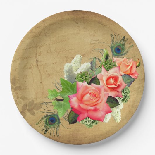 Rose und Peacock Feathers Paper-Teller Pappteller (Vorderseite)