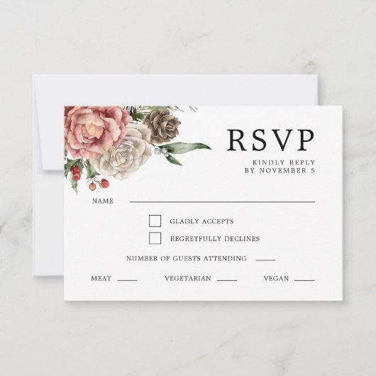 Rose und Pine Floral Winter Wedding RSVP Karte (Vorderseite)