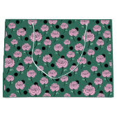 Rose und Punkte auf dunkelgrün. Große Geschenktüte (Vorderseite)