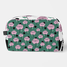 Rose und Punkte auf dunkelgrün. Waschbeutel